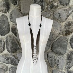Vintage 10 strand waterfall Black and Silver Necklace 21” long 80s 20s flapper